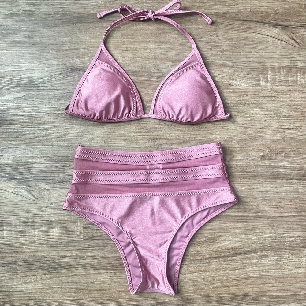 Mossimo Pink Sheen Triangle Bikini Top & High Waist Bottoms Set